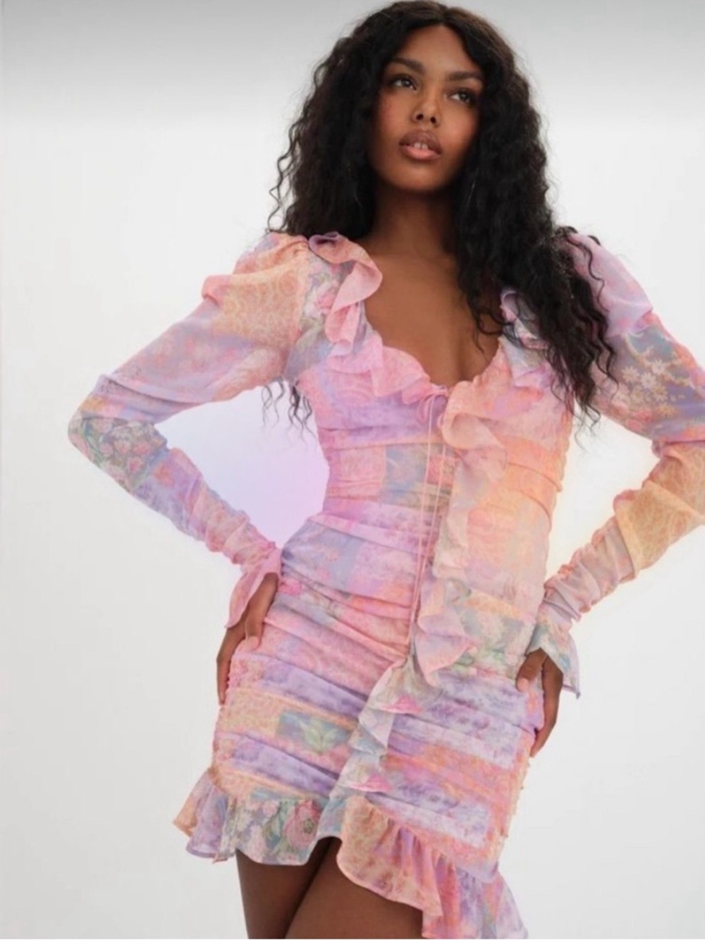 For Love and Lemons Veronica Ruffle Long Sleeve Mini Dress